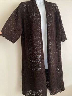 Eileen Fisher Chocolate Brown 100% Wool Airy Open Knit Duster Style Cardigan, XL